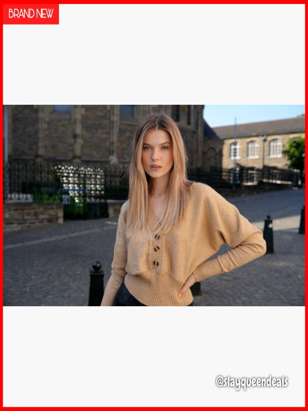 V Neck Button Crop Sweater Batwing Sleeve Ribbed Hem Pullover - Picture 5 of 5